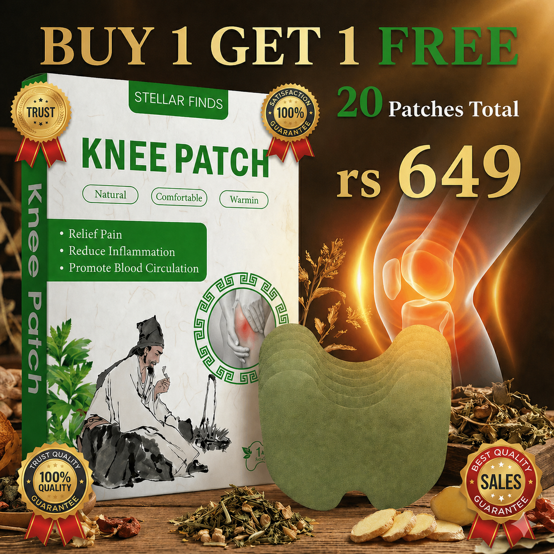 Knee Patches - Buy 1 Get 1 Free (10+10 Patches) herbal knee patch